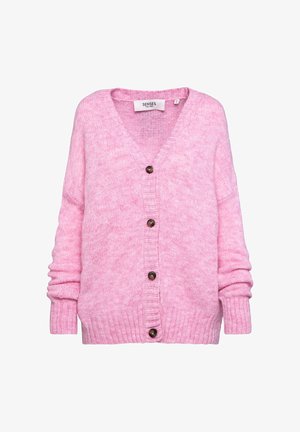 Light pink knitted cardigan with a V-neck, full-length sleeves, and five brown buttons down the front. Ribbed cuffs and hem.