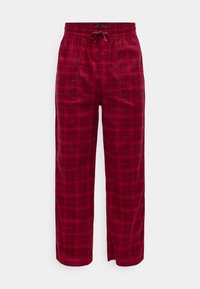 Pantalon à carreaux rouges avec une coupe décontractée, doté d'une taille élastique et d'un cordon de serrage, fabriqué en tissu doux. Motif à carreaux notable tout au long.