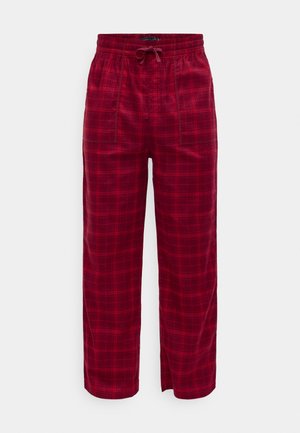 Pantalones de cuadros rojos con un corte relajado, que cuentan con una cintura elástica y cordón, hechos de una tela suave. Patrón de cuadros destacado en todo el diseño.