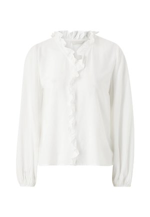 Witte blouse met lange mouwen, voorzien van een gerimpelde kraag en voorplacket. Gemaakt van lichtgewicht stof met een gladde textuur.