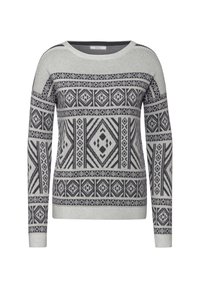 Pull en gris avec un motif géométrique noir répétitif, comprenant des diamants et des lignes, avec un col rond et des manches longues.