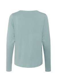 Lichtblauw lang mouwshirt van zachte stof. Heeft een ronde halslijn en een ontspannen pasvorm zonder zichtbare branding of patronen.