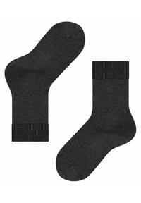 Schwarze Socken aus einem glatten, gestrickten Material. Mit einem gerippten Bündchen und einer nahtlosen Zehenpartie. Einfach und einfarbig mit einem klassischen Design.
