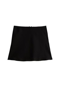 Falda deslizante de satén negro con una textura suave, forma en A, borde de encaje con forma de ola y un pequeño lazo en la cintura.