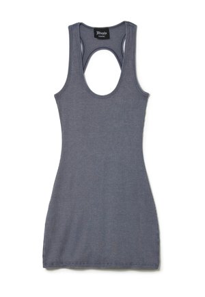 Gray ribbed tank dress with a round neckline and open back. The fabric is stretchy and fitted, with seam detailing along the edges.