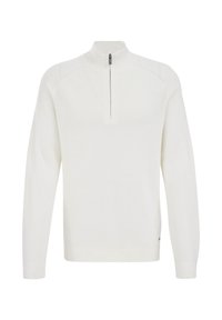 Weißer Pullover mit hochgeschlossenem Kragen und halbem Reißverschluss. Aus strukturiertem Strickmaterial gefertigt, mit langen Ärmeln und gerippten Bündchen.