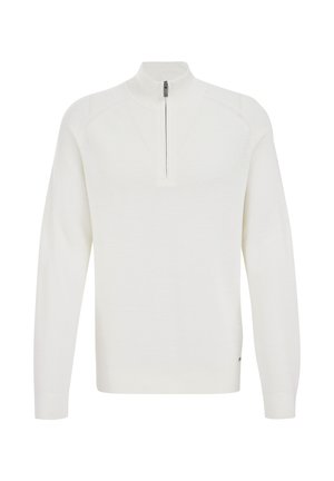 Maglione bianco con colletto alto e mezza zip. Realizzato in un materiale a maglia testurizzata, presenta maniche lunghe e polsini a costine.