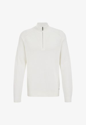 Valge pulli särk kõrge kaelusega ja poole tõmblukuga. Valmistatud tekstuurilisest kudumist, pikkade varrukate ja soonikute sõlmedega.