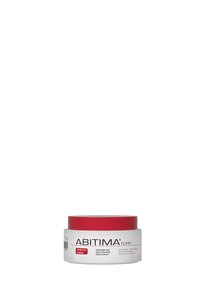 ABITIMA Clinic moisturizing cream jar with a round red lid, white container, and markings in black and red for dry skin treatment.