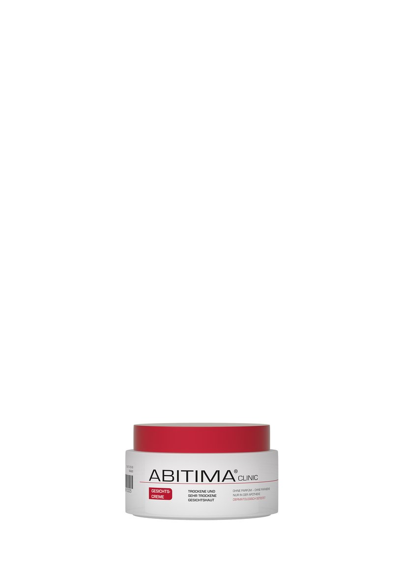 ABITIMA Clinic moisturizing cream jar with a round red lid, white container, and markings in black and red for dry skin treatment.