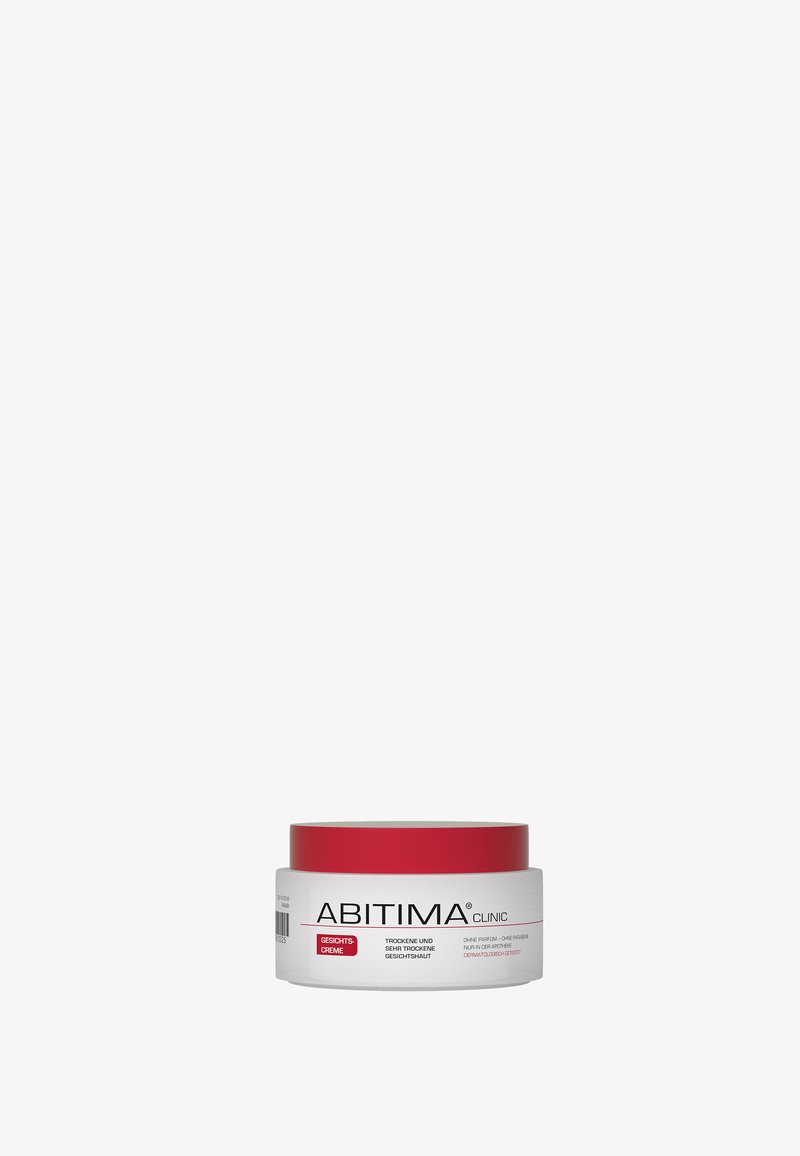 ABITIMA Klinik Feuchtigkeitscreme im Glas mit rundem roten Deckel, weißem Behälter und Beschriftungen in Schwarz und Rot zur Behandlung trockener Haut.