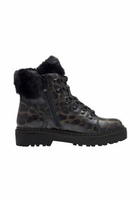 Bottines à imprimé léopard marron et noir avec un col en fausse fourrure, un laçage et une fermeture éclair sur le côté. Semelle en caoutchouc noir épaisse.