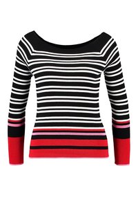 Raidallinen neulepaita, jossa on mustia, valkoisia, punaisia ja vaaleanpunaisia värejä, olkapäät paljastava muotoilu ja pitkät hihat, joissa on kontrastiväriset lohkot.