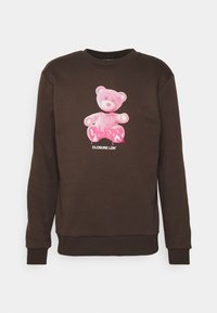Felpa marrone con una grafica di un orsetto rosa e testo in stile graffiti "CLSHDS" sotto. I polsini e l'orlo a costine completano il design.