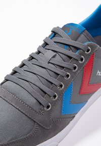 Gray canvas sneaker with blue and red accents, laced design, and a padded tongue. Features metallic eyelets and a textured upper.