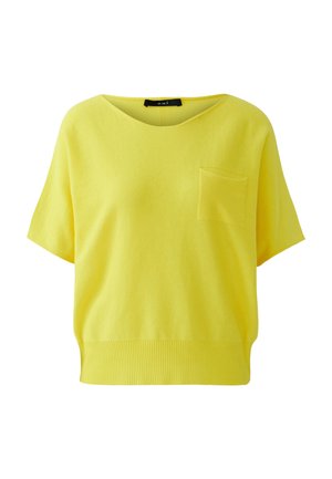 Yellow short-sleeve knit top with round neckline, small chest pocket, and ribbed hem.