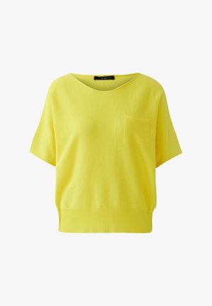 Gelbes kurzärmeliges Stricktop mit rundem Ausschnitt, kleiner Brusttasche und geripptem Saum.