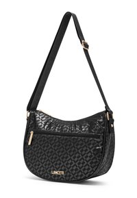 Borsa nera con superficie lucida decorata, forma curva, dettagli dorati e tasca frontale con zip. Tracolla regolabile per un comfort ottimale.