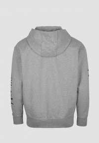 Sweat-shirt à capuche gris clair vu de dos, avec manches longues et poignets ainsi qu'ourlet côtelés.