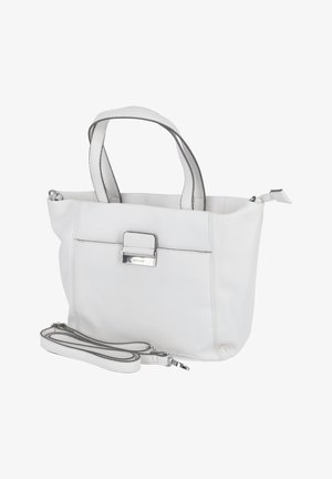 Borsa tote bianca con tessuto testurizzato, doppi manici, una tracolla removibile e una chiusura argentata che accentua la tasca anteriore.