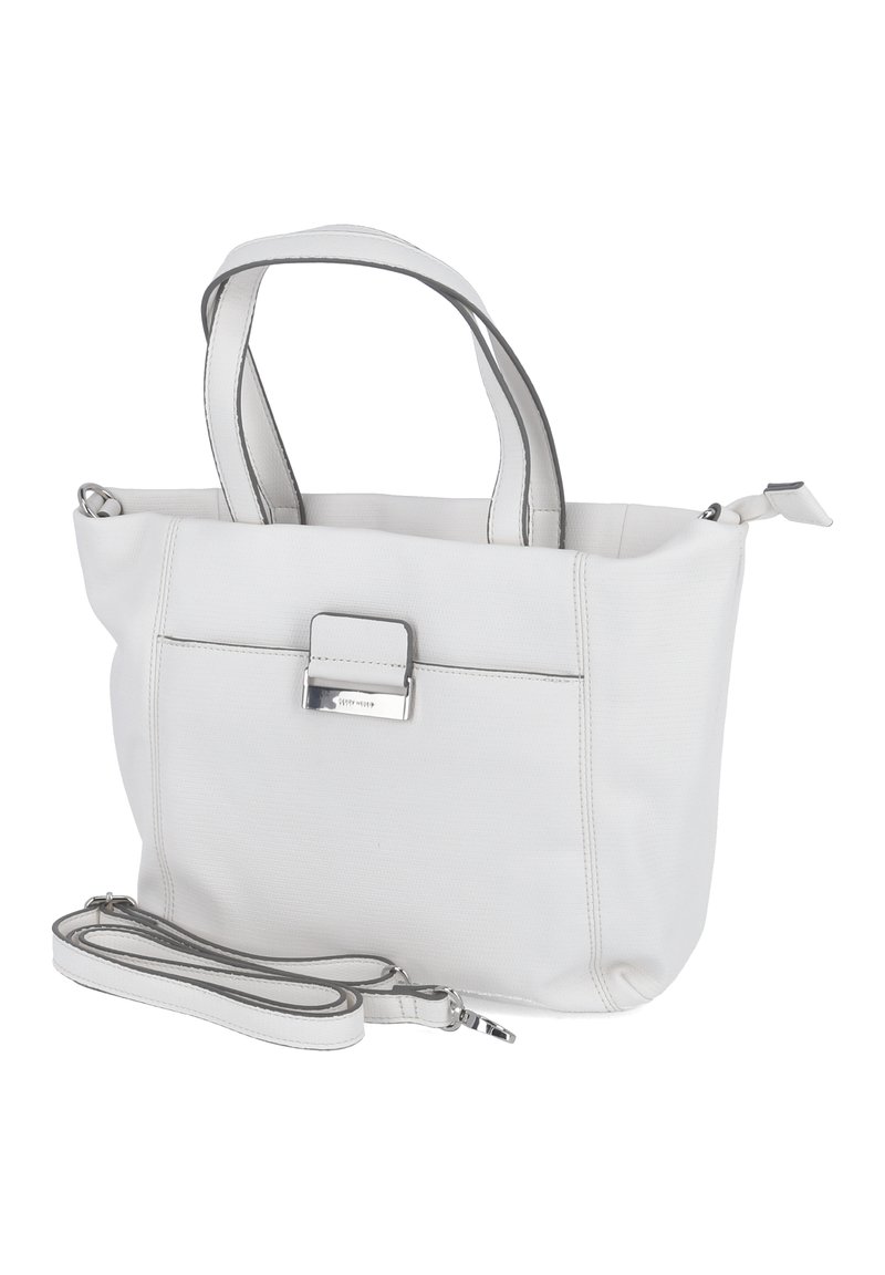 Sac tote blanc en tissu texturé, avec des poignées doubles, une bandoulière amovible et un fermoir en métal accentuant la poche avant.