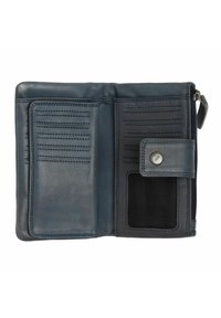 Blauwe leren portemonnee interieur met kaartslots, een ritsvak, een drukknoopsluiting en een doorzichtige ID-venster.