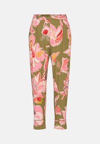 Olijfgroene taps toelopende broek met grote bloemenprint in roze, rood en wit, voorzien van een hoge taille en omgezoomde pijpen.