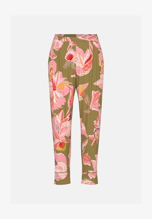 Olijfgroene taps toelopende broek met grote bloemenprint in roze, rood en wit, voorzien van een hoge taille en omgezoomde pijpen.