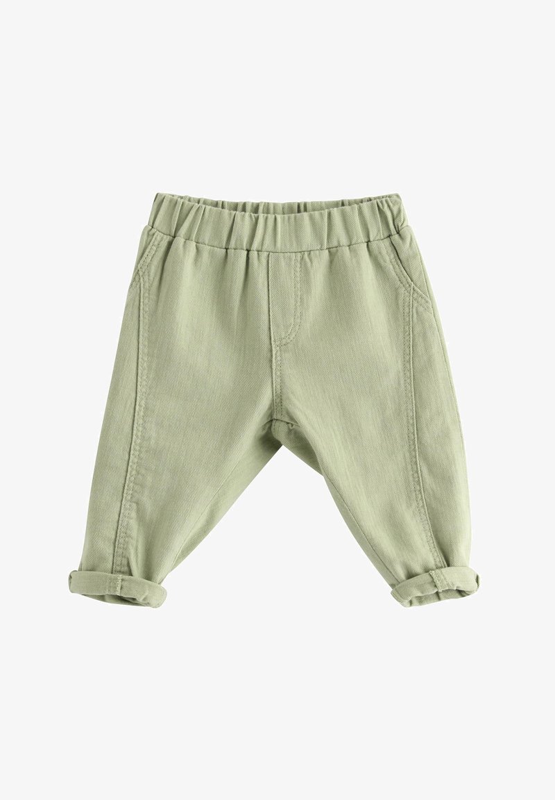 Light green toddler pants with elastic waistband, rolled cuffs, and side pockets, made of soft fabric.