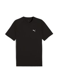 Sort atletisk t-shirt lavet af glat stof med en rund halsudskæring og korte raglanærmer. Lille hvidt logo på brystet.