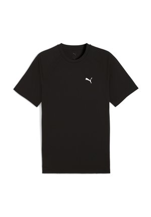 Tricou sport negru din material neted, cu guler rotund și mâneci scurte de tip raglan. Logo mic alb pe piept.