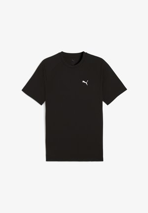 Musthave must t-särk, mis on valmistatud siledast kangast, varustatud ümaras kaelasajaga ja lühikeste raglanvarrukatega. Rinna peal on väike valge logo.
