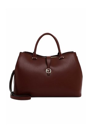 Borsa in pelle bordeaux scuro con due manici superiori, tracolla staccabile, hardware oro e chiusura con zip nella parte superiore.
