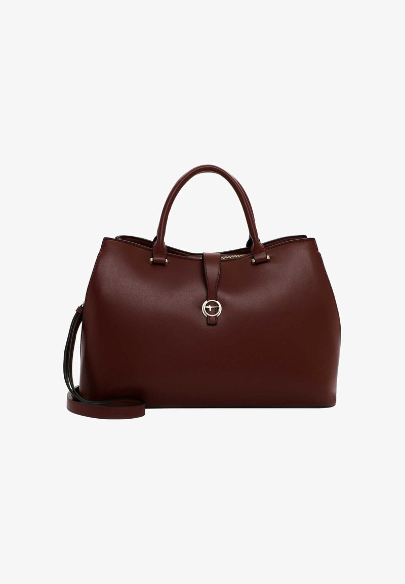 Dunkelburgunderfarbene Leder-Handtasche mit zwei oberen Tragegriffen, einem abnehmbaren Schultergurt, goldenen Beschlägen und einem Reißverschlussverschluss oben.