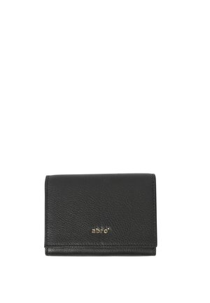 Black leather wallet with textured surface, fold-over design, and gold logo accent. Compact shape, suitable for cards and cash storage.