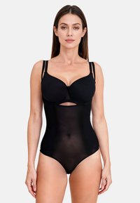 Fekete body áttetsző középrésszel, állítható dupla pántokkal és formázott kosarakkal. Sima textúra, testhez simuló sziluett és kulcslyuk részlet.