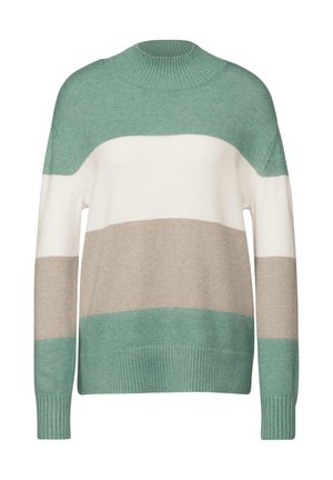 Suéter a rayas en verde menta, crema y topo. Cuenta con un cuello y puños acanalados. Fabricado con un suave tejido de punto texturizado.