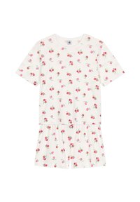 Korte mouwen twee-delige outfit met een crème basiskleur en een kersen- en bladerenprint, gemaakt van zachte stof, met een relaxte pasvorm en een geraffineerde taille.
