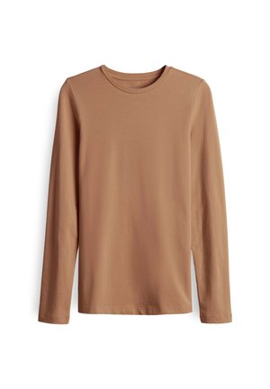 Long-sleeve t-shirt in light brown, made of soft cotton. Features a round neckline and simple design with no patterns or embellishments.