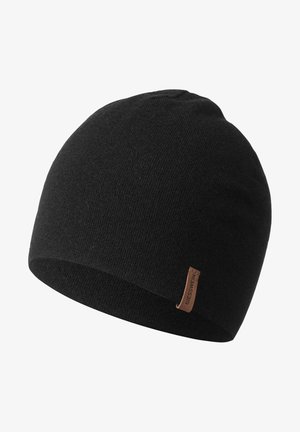 Zwarte gebreide beanie met een ronde vorm, gemaakt van zacht materiaal. Bevat een klein leren label met merknaam aan de zijkant.