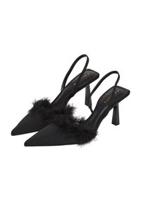 Talons slingback noirs avec un bout pointu, ornés d'une garniture en plumes à l'avant. Fabriqués en matériau lisse, avec un talon fin et une semelle intérieure de marque.
