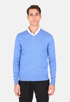 Maglione azzurro chiaro a tinta unita con scollatura a V, realizzato in morbido tessuto a maglia, con maniche lunghe e polsini e orlo a costine. Indossato sopra una camicia bianca con colletto.
