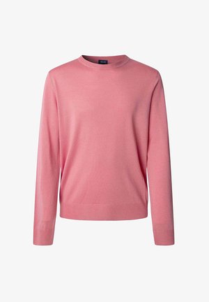 Roze pullover trui met lange mouwen, ronde halslijn, ribbelboorden en -zoom, gemaakt van zacht breimateriaal. Eenvoudig en naadloos ontwerp.