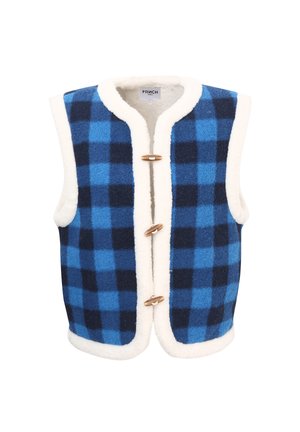Blauwe en marineblauwe geruite fleece gilet met roomkleurige afwerking, voorzien van houten toggle-sluitingen en zonder mouwen voor gemakkelijke layering.