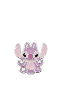 Épingle émaillée violette et rose avec un motif de pieuvre aux accents argentés et un détail en strass, affichant une expression joyeuse.