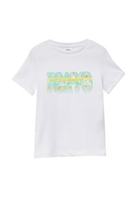 Witte katoenen t-shirt met een kleurraf "TOKYO" grafiek in teal en geel met een gestreept ontwerp, korte mouwen en een ronde hals.