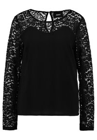 Schwarzes Oberteil mit langen Spitzenärmeln; runder Halsausschnitt; Schlüsselrücken-Detail; durchscheinendes Spitzenmuster an den Ärmeln; glatter Stoffkörper.