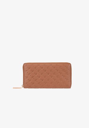 Portefeuille rectangulaire marron avec motif papillon embossé et tirette de fermeture éclair dorée, présenté sur fond blanc.