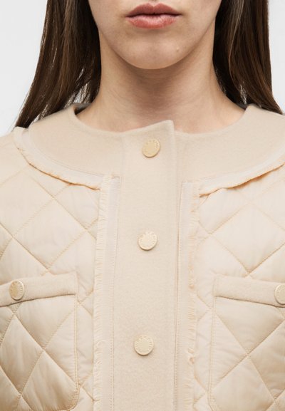 Μπουφάν με ουδέτερο χρώμα, καπιτονέ, με φθαρμένες άκρες, στρογγυλό γιακά και τυπωμένα κουμπιά με πατιλέτα, εμφανίζεται από τον λαιμό έως την περιοχή του ανώτερου στήθους.