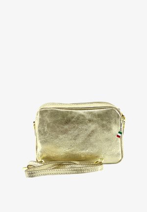 Gouden metallic leren crossbodytas met een ritssluiting, verstelbare schouderband en een klein Italiaans vlagdetail aan de zijkant. Compact rechthoekige vorm.